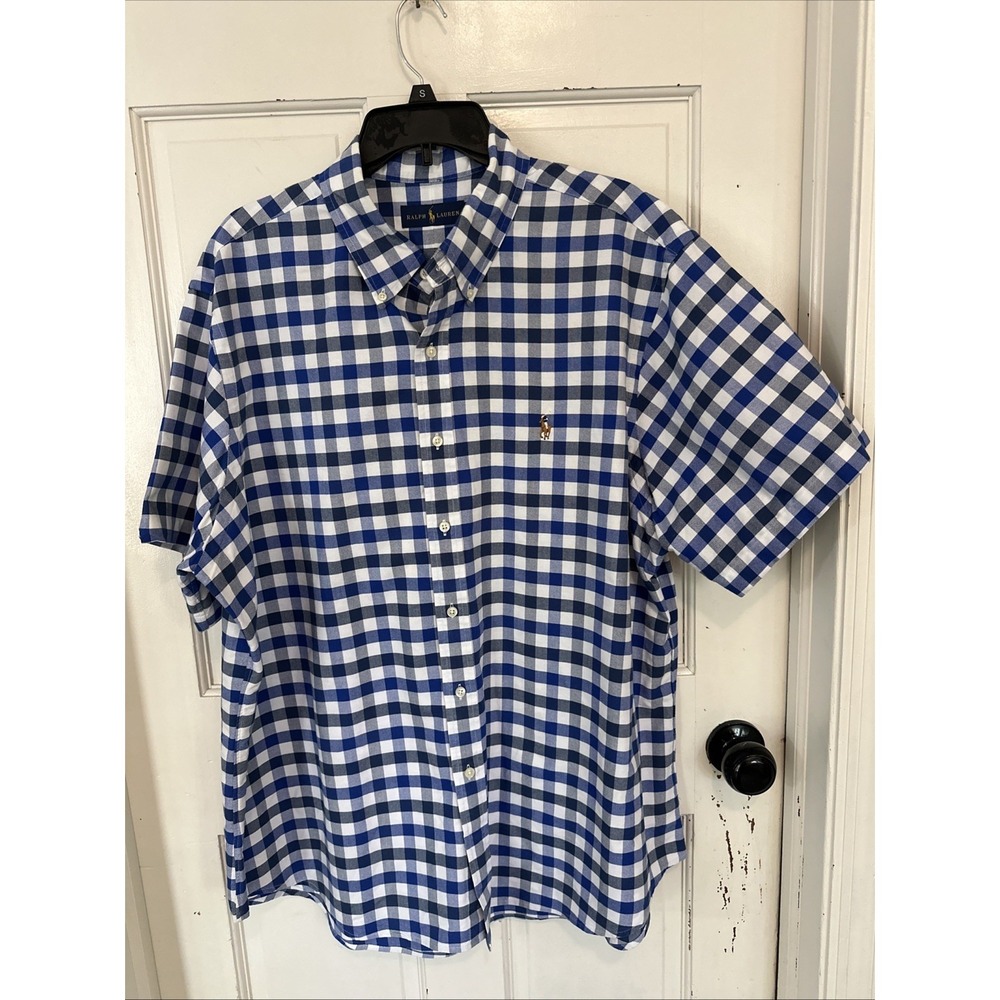 Polo Ralph Lauren Men's Shirt Button Up Gingham Blue Short Sleeve Cotton Sz 2XL